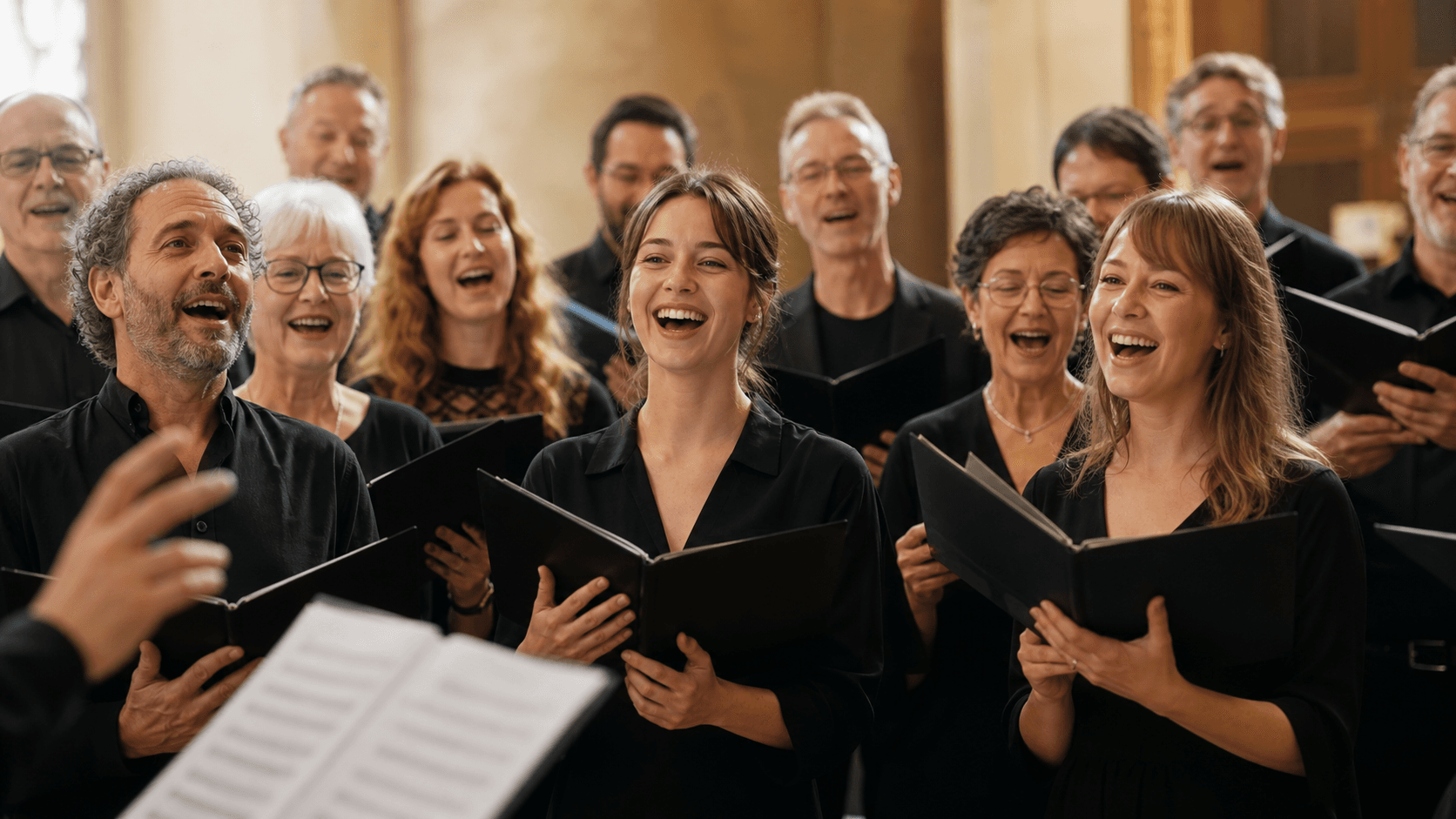 Glückliche Sängerinnen und Sänger in einem Chor beim gemeinsamen Singen