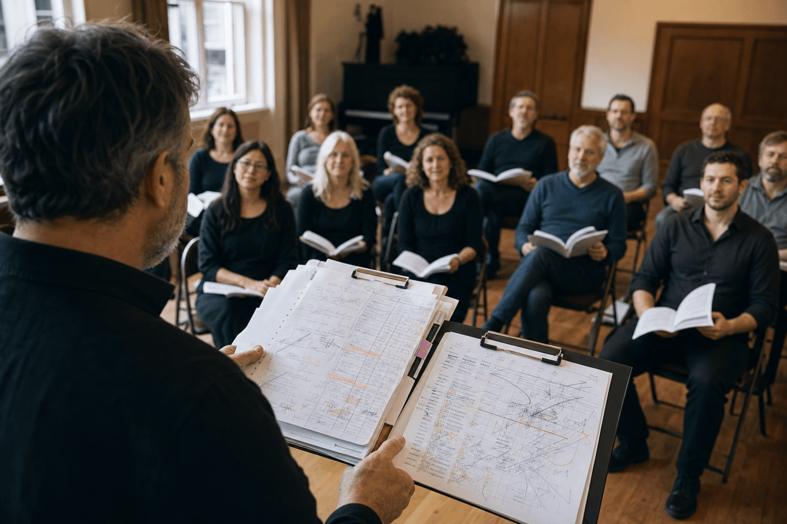 Dirigent mit einem dicken Papierstapel voller unübersichtlicher Anwesenheitsnotizen, im Hintergrund der Chor in zwei Stuhlreihen mit Sängerinnen links und Sängern rechts